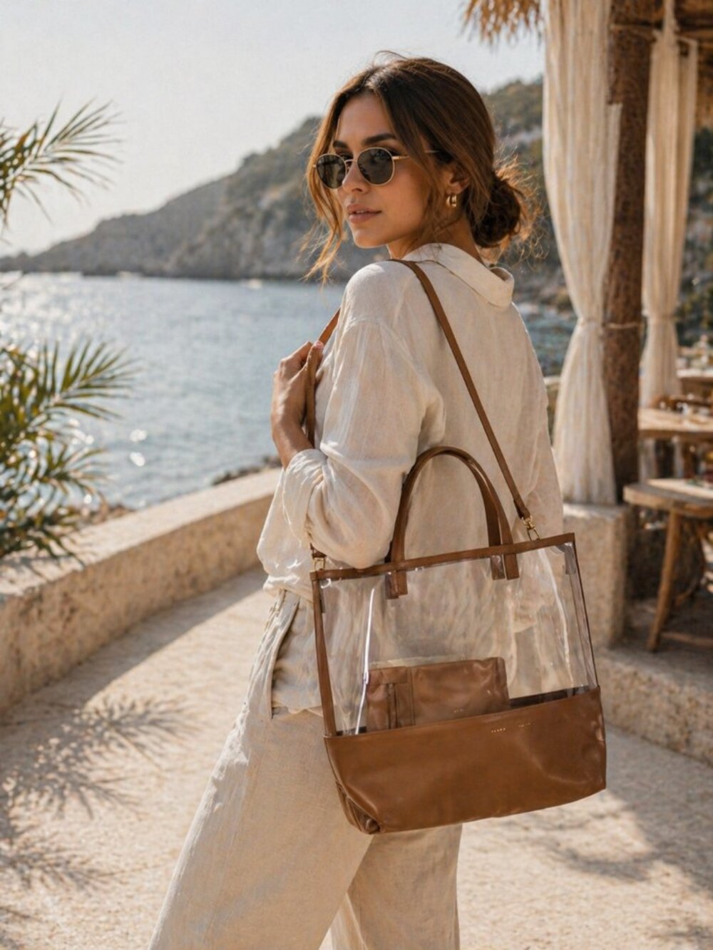 Alice+D Milano Clear Tote Bag Brown Leather Trim Transparent PVC Medium Shoulder